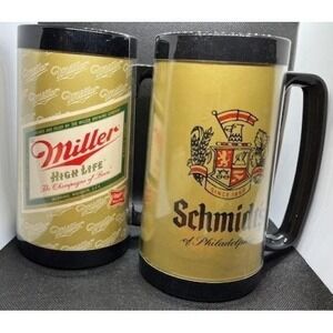Vintage Miller High Life Beer and Schmidt's Thermo-Serv Insulated Plastic Mugs